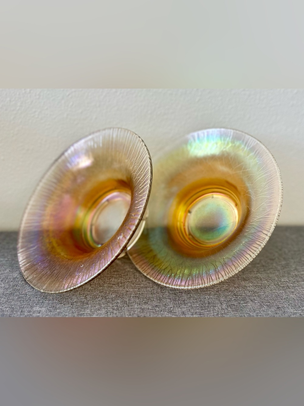 vintage marigold iridescent stretch glass bowls - set of 2